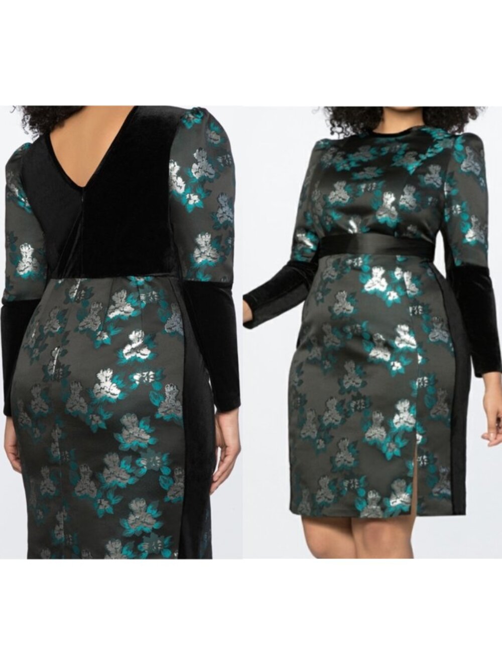 ELOQUII Plus Size Brocade and Velvet Puff Sleeve Dress Black Teal Floral Party